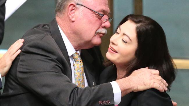 Member for Leichhardt Warren Entsch hugs Member for Griffith, Terri Butler, after the presentation of Entsch's Private Members Bill on Marriage Equality. Picture: Ray Strange