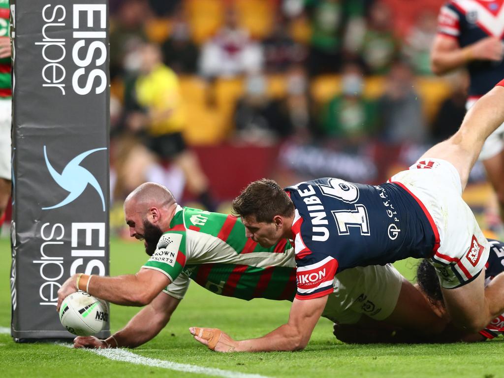 Rabbitohs cult hero Mark Nicholls scored his first career double on Friday night. (Photo by Chris Hyde/Getty Images)