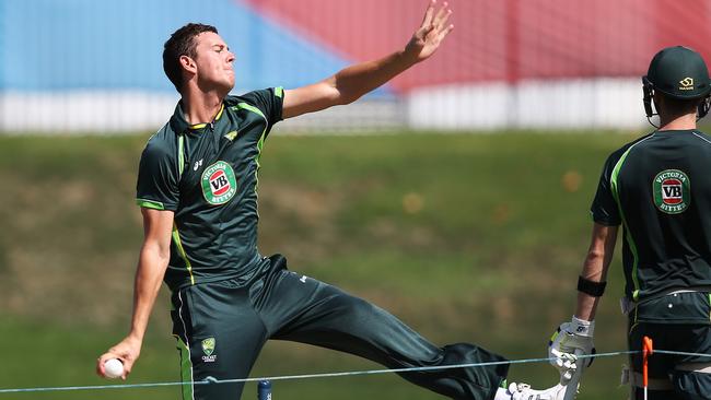 Josh Hazlewood during Australian training at Eden Park ahead of their ICC Cricket World Cup match against New Zealand in Auckland. pic. Phil Hillyard