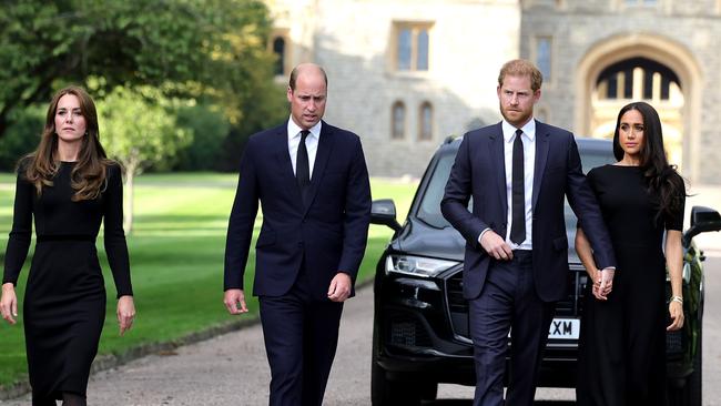 Catherine, Princess of Wales, Prince William, Prince of Wales, Prince Harry, Duke of Sussex, and Meghan, Duchess of Sussex on the long Walk at Windsor Castle. Picture: Chris Jackson/Getty