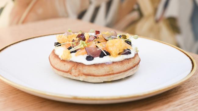 The buckwheat hotcakes, topped with lemon cream, mandarin textures and local hone. Picture: JEAN-PIERRE BIASOL