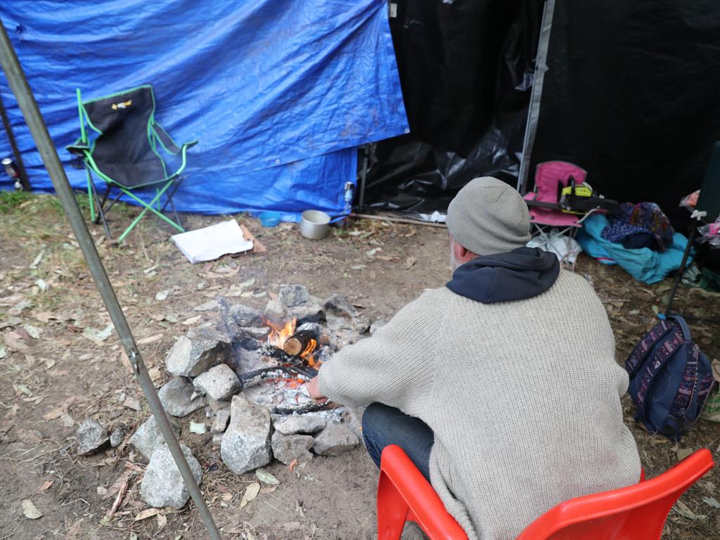 One resident at the site swaps between living in his friend’s tent and living in his car. Picture Rohan Kelly