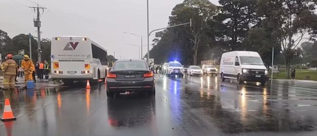 Emergency services were called to a bus and car collision on the corner of Bank St and the Princes Hwy just before 4pm on Thursday, July 25, 2024. Picture: LVI&amp;CA