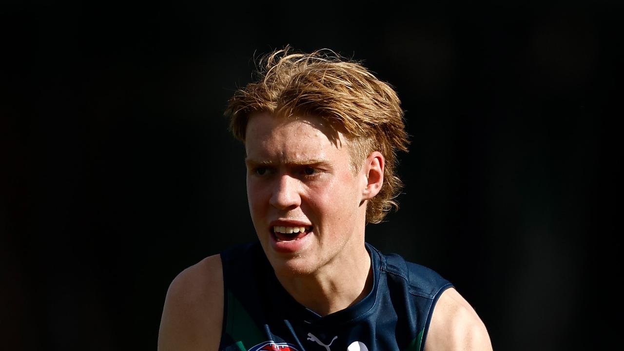 MELBOURNE, AUSTRALIA - APRIL 13: Noah Mraz of the AFL Academy in action during the 2024 AFL Academy match between the Marsh AFL National Academy Boys and Coburg Lions at Ikon Park on April 13, 2024 in Melbourne, Australia. (Photo by Michael Willson/AFL Photos via Getty Images)