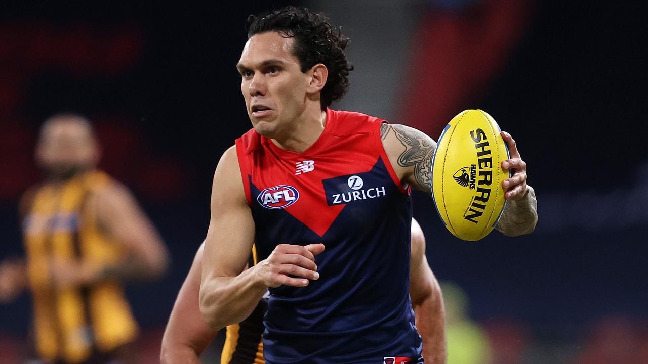 Melbourne's Harley Bennell was hospitalised on Monday night. Picture: Phil Hillyard