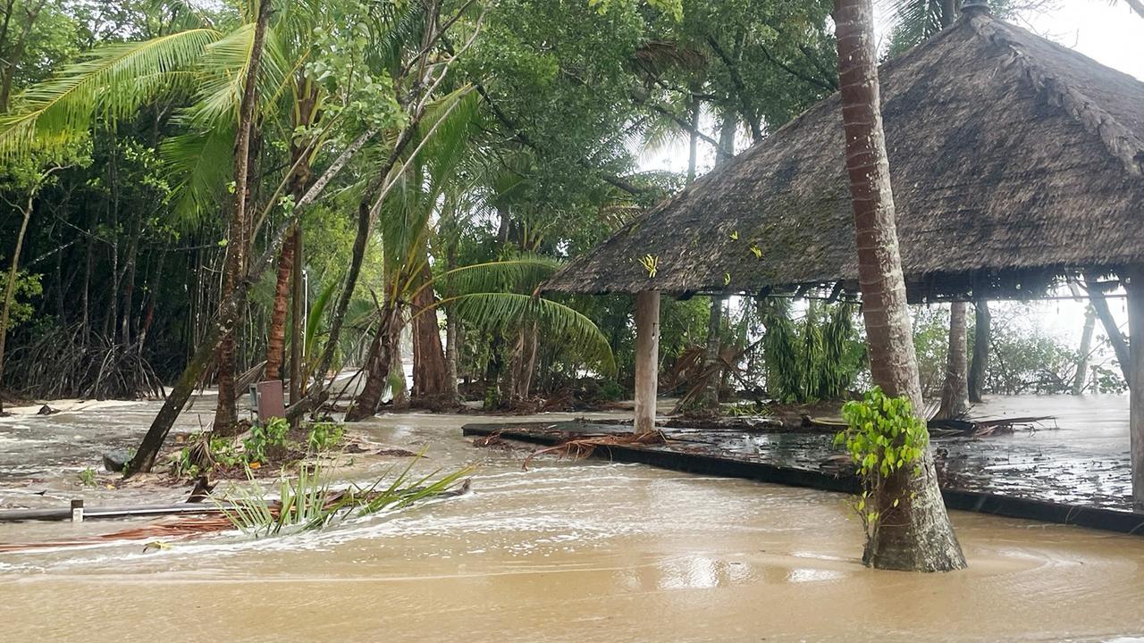 A large high tide and strong winds combined with the arrival of Tropical Cyclone Jasper in Far North Queensland to flood Kewarra Beach in Cairns. Picture: Bronwyn Farr