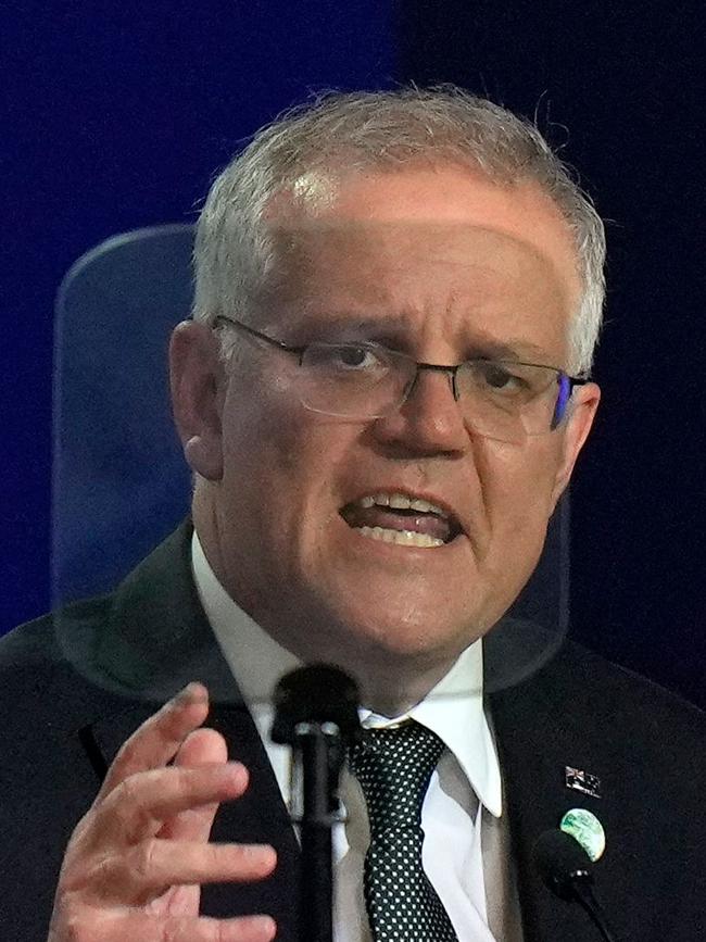 Prime Minister Scott Morrison presents at the COP26 UN Climate Change Conference in Glasgow. Picture: Alastair Grant / AFP