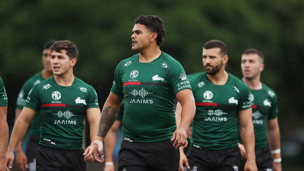 SYDNEY, AUSTRALIA - MARCH 08: Latrell Mitchell looks on during a South Sydney Rabbitohs NRL Training Session at Redfern Oval on March 08, 2022 in Sydney, Australia. (Photo by Matt King/Getty Images)