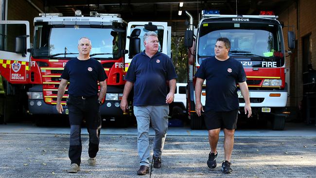 NSW firefighters including Mark Edwards, left, Leighton Drury and Nugget Wetherall are part of the national call for increased funding. Picture: Jane Dempster