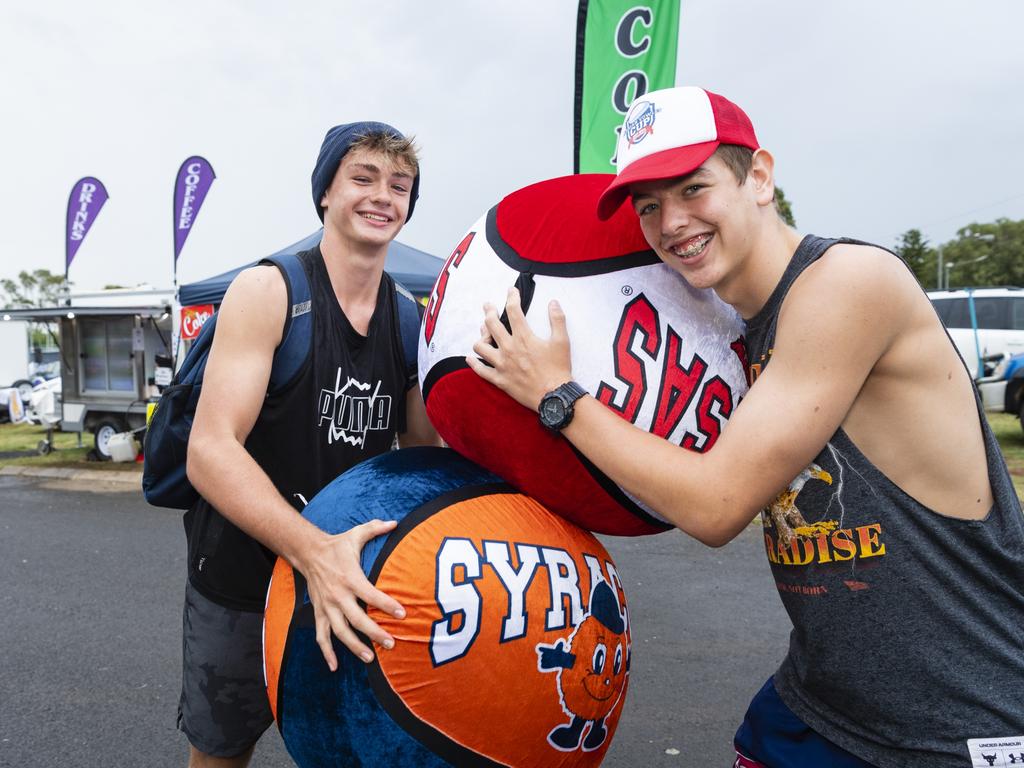 Blaze Muir (left) and Caiden Bridger at the 2022 Toowoomba Royal Show, Friday, March 25, 2022. Picture: Kevin Farmer