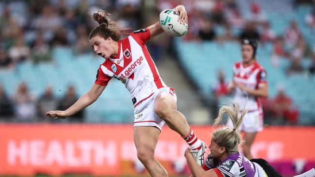 Jessica Sergis on the charge for the Dragons against the Warriors at ANZ Stadium. Picture: Getty Images