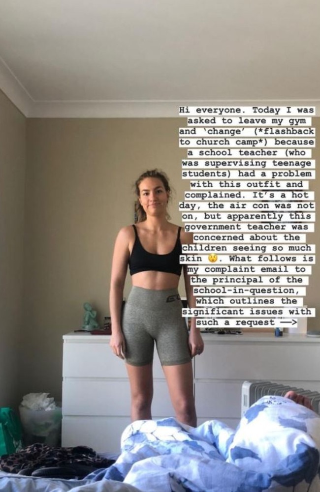 Sydney woman Gabi Goddard went viral after she shared a photo of the outfit that had got her kicked out of her gym. Picture: Instagram/Gabi Goddard