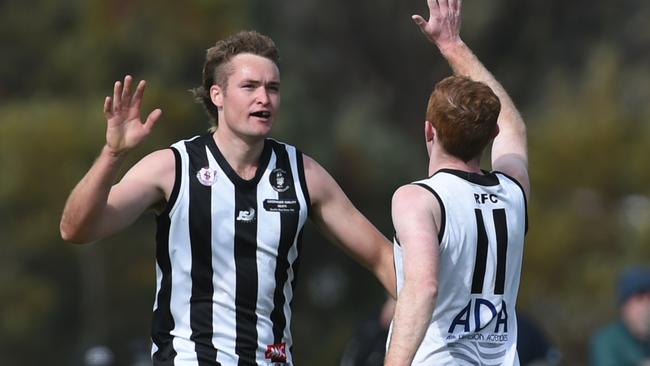 Reynella’s Bailey Marshman celebrates a goal in this year’s SFL grand final. Picture: Tricia Watkinson