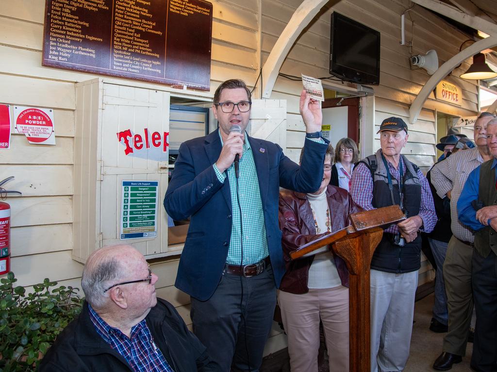 TRC Mayor Geoff McDonald speaks at the official launch of "Pride of Toowoomba" steam train from Drayton to Wyreema. Saturday May 18th, 2024 Picture: Bev Lacey