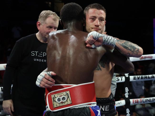 Liam Paro congratulates Richardson Hitchens after their super-lightweight world title fight in Puerto Rico. Picture: Melina Pizano/Matchroom