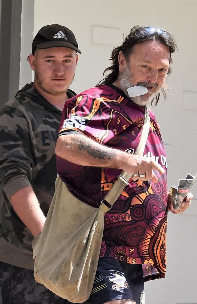 Gregory Hyde and son Thomas leaving the Ingham Magistrates Court after Thomas was handed a lengthy suspended jail sentence for two counts of serious assault of a police officer in relation to the incident at Forrest Beach in 2023. Picture: Cameron Bates