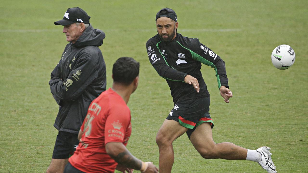 South Sydney coach Wayne Bennett, as Benji Marshall passes to new teammate Latrell Mitchell at training on Friday. Picture: Adam Yip