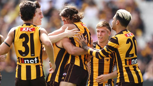 Jai Newcombe celebrates a third quarter goal. Picture: Michael Klein