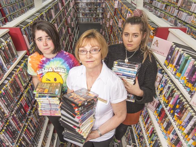 Gisborne Video Busters owner Shirley with staff Laura Mansted and Claudia Hambly-Clarke. Picture: Rob Leeson