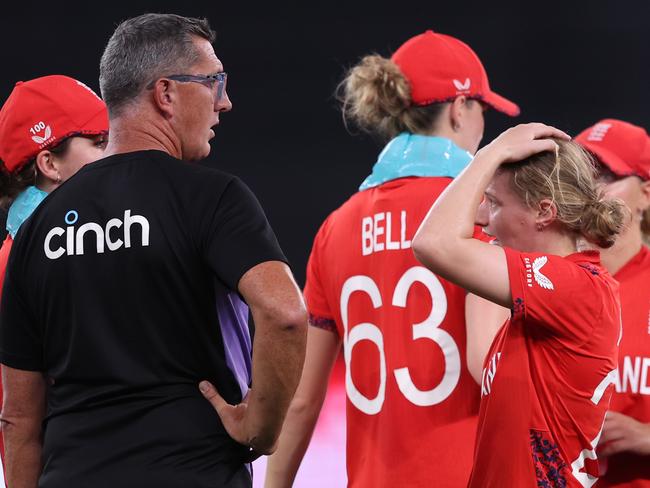 Lewis delivers a team talk in a huddle during the ICC 2024 Women's T20 World Cup. Picture: Alex Davidson-ICC/ICC via Getty Images