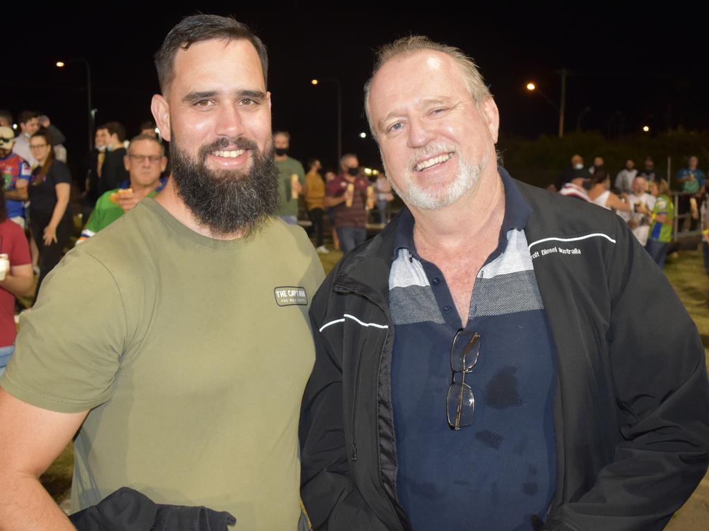 <p>Brad Woods (left) and Grant Harrigan in the crowd at the New Zealand Warriors v Canberra Raiders at BB Print Stadium in Mackay, August 27, 2021. Picture: Matthew Forrest</p>