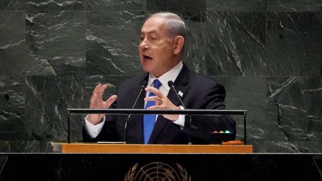 Benjamin Netanyahu addresses the UN General Assembly last month. Picture: AFP