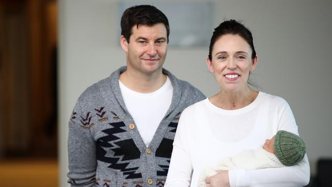 AUCKLAND, NEW ZEALAND - JUNE 24:  New Zealand Prime Minister Jacinda Ardern and partner Clarke Gayford pose for a photo with their new baby girl Neve Te Aroha Ardern-Gayford on June 24, 2018 in Auckland, New Zealand. Prime Minister Ardern is the second world leader to give birth in office, and the first elected leader to take maternity leave. Arden will take six weeks of leave with Deputy Prime Minister Winston Peters assuming the role of Acting Prime Minister.  (Photo by Hannah Peters/Getty Images)