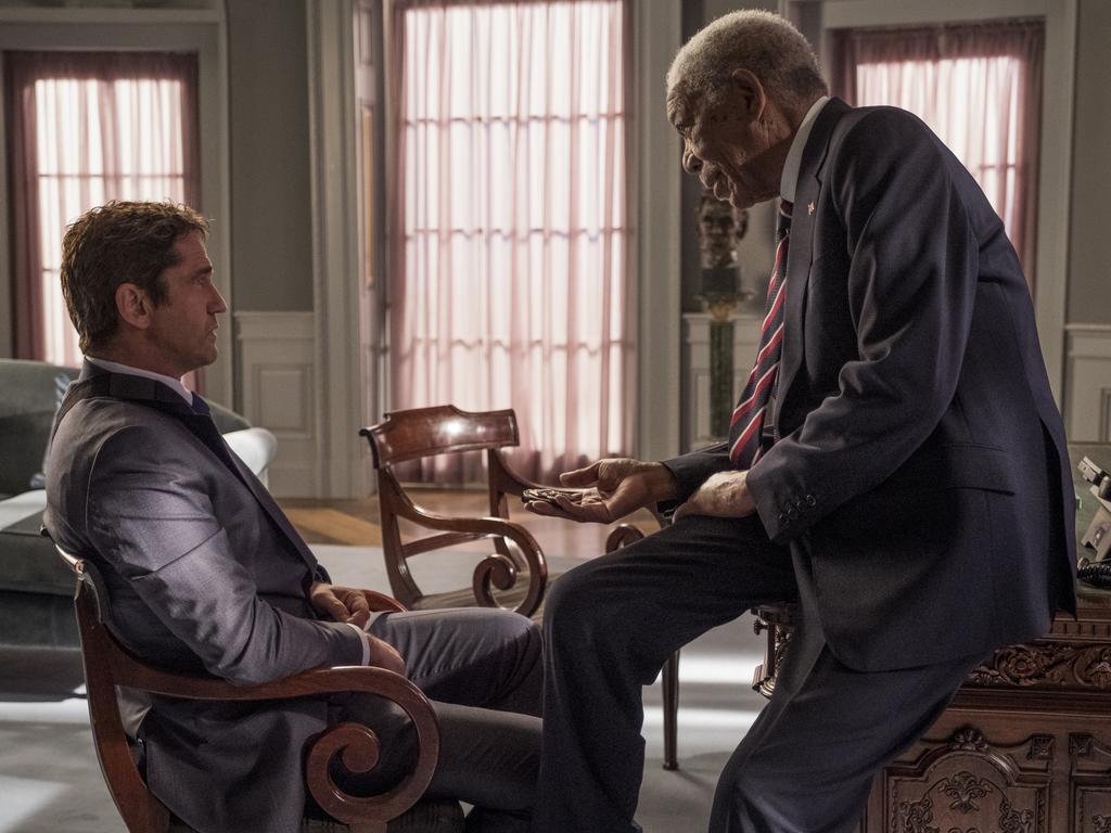 Gerard Butler and Morgan Freeman in Angel Has Fallen.