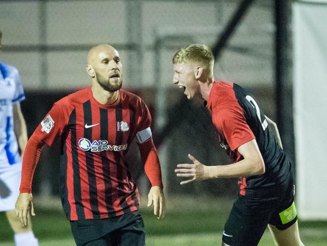 Burleigh Heads captain Matt Hilton celebrates his opening goal in the 2019 Gold Coast Premier League grand final against Surfers Paradise. Picture: Ryan Kazmer/East End Digital