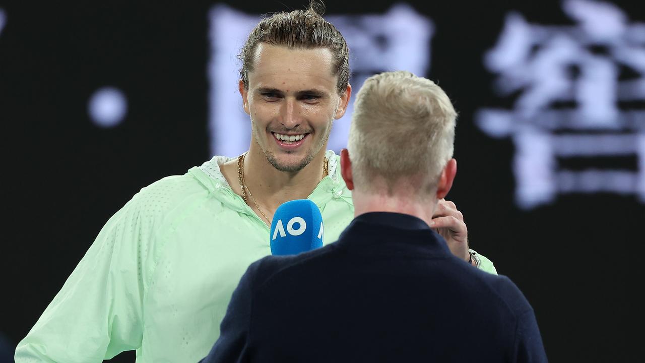 MELBOURNE, AUSTRALIA - JANUARY 24: Alexander Zverev of Germany is interviewed by Jim Courier after winning their quarterfinals singles match against Carlos Alcaraz of Spain during the 2024 Australian Open at Melbourne Park on January 24, 2024 in Melbourne, Australia. (Photo by Julian Finney/Getty Images)
