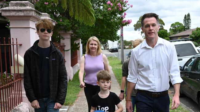 Incoming NSW premier Chris Minns heads out with wife Anna and sons Joe, Nick and George for a Sunday morning coffee at a local cafe. Picture: AAP