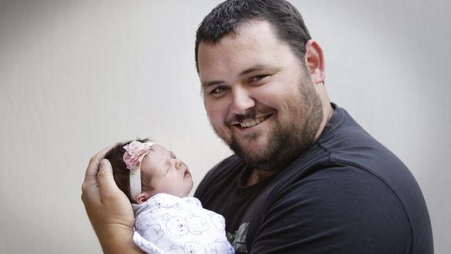 New dad Beau Rohweder enjoyed every moment of his skin-to-skin bonding with first child Elsie after her birth. Picture: AAP/Megan Slade