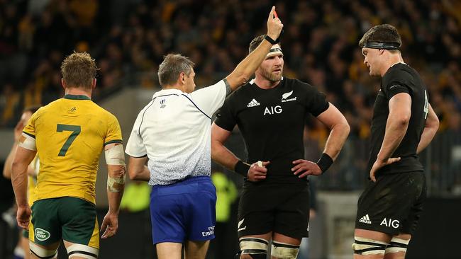 PERTH, AUSTRALIA - AUGUST 10: The referee shows Scott Barrett of the All Blacks the red card during the 2019 Rugby Championship Test Match between the Australian Wallabies and the New Zealand All Blacks at Optus Stadium on August 10, 2019 in Perth, Australia. (Photo by Paul Kane/Getty Images)