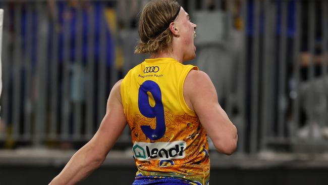 PERTH, AUSTRALIA - MAY 19: Harley Reid of the Eagles celebrates after scoring a goal during the 2024 AFL Round 10 match between Waalitj Marawar (West Coast Eagles) and Narrm (Melbourne Demons) at Optus Stadium on May 19, 2024 in Perth, Australia. (Photo by Will Russell/AFL Photos via Getty Images)