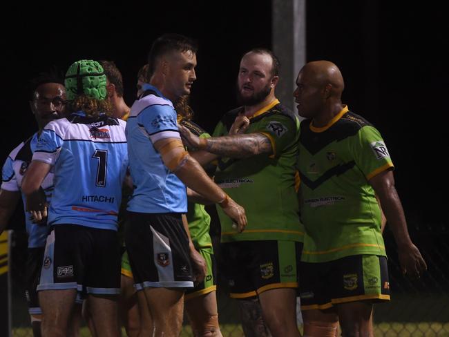 Tempers flare between Northern Sharks and Palmerston Raiders in the NRLNT Grand Final 2022. Picture: (A)manda Parkinson