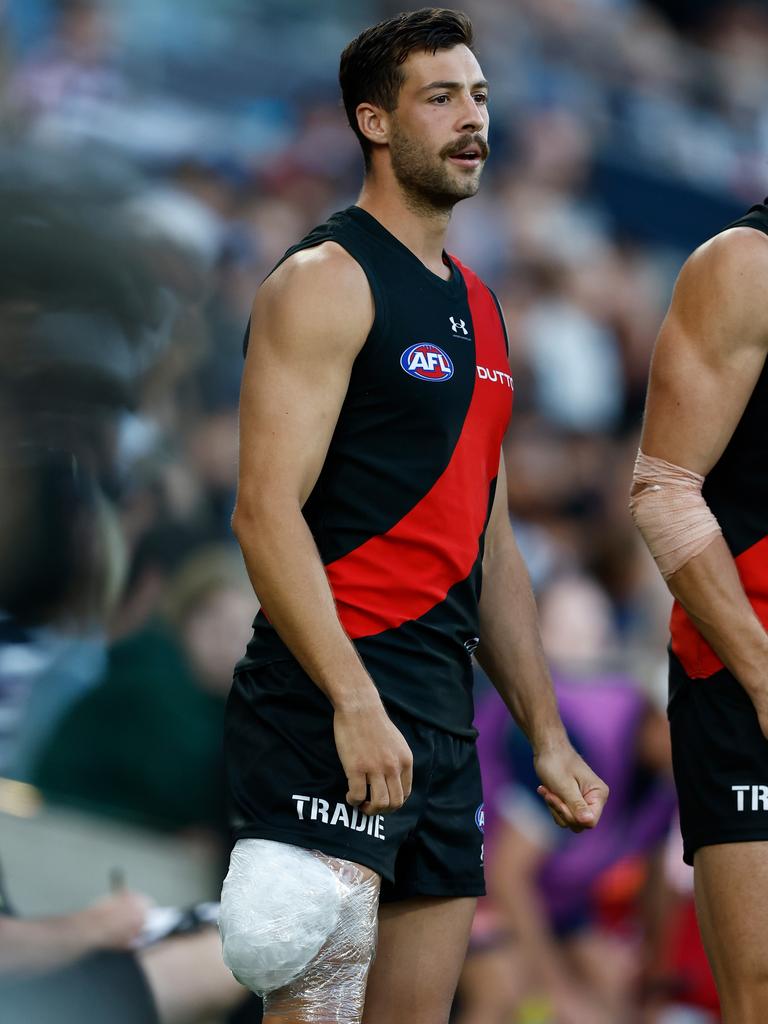 Essendon says there are no concerns over Kyle Langford’s hamstring despite the forward having it iced on the bench towards the end of the Bombers’ pre-season game against Geelong. Picture: Michael Willson/AFL Photos via Getty Images.