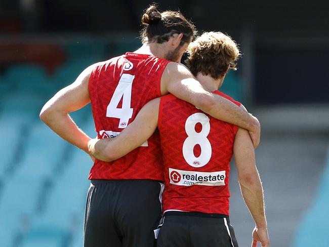 The 30-year-old’s bond with some of Sydney’s younger players has unlocked even more enjoyment out of footy for Grundy. Picture: Phil Hillyard