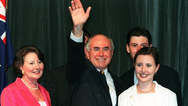 John Howard and his family take to the stage after he claimed victory for the Coalition in the razor-edge October 1998 federal election.