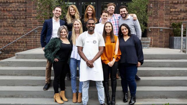 Adelaide's Sashi Cheliah with fellow SA MasterChef alumni (back row left to right) Callum Hann, Tracy Collins, Heather Day, Jessie Spiby, Michael Weldon and Andre Ursini. Front row left to right: Eloise Praino, Georgia Hughes, Sashi, Laura Cassai and Rose Adam. Picture: Supplied