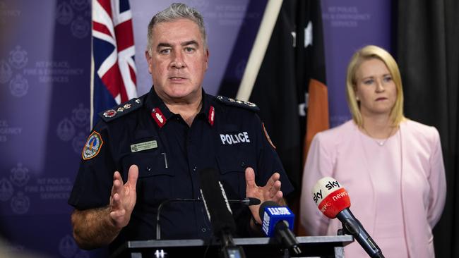 Police Commissioner Michael Murphy and Acting Chief Minister Nicole Manison provide an update on the Barkly wildfire outside Tennant Creek. Picture: Pema Tamang Pakhrin