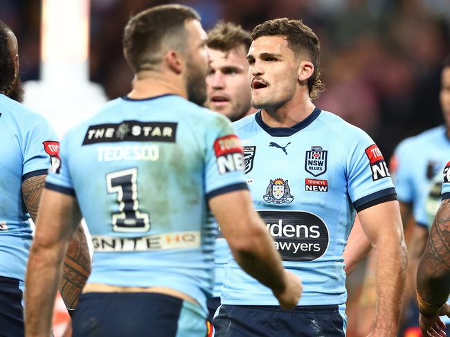 BRISBANE, AUSTRALIA - JULY 13:  Nathan Cleary of the Blues looks on during game three of the State of Origin Series between the Queensland Maroons and the New South Wales Blues at Suncorp Stadium on July 13, 2022, in Brisbane, Australia. (Photo by Chris Hyde/Getty Images)