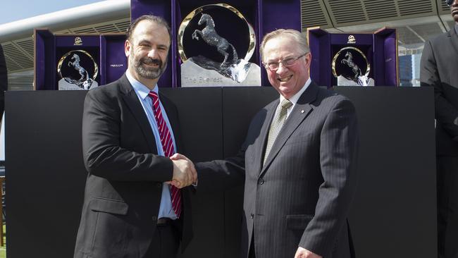 Racing NSW and chairman Russell Balding (right), pictured with chief executive Peter V’landys, are named plaintiffs in the NSW Supreme Court application. Picture: Hollie Adams-The Australian