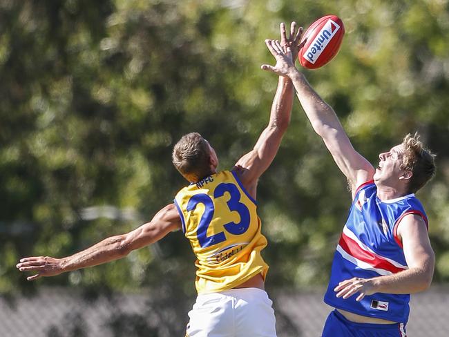 EFL (Div 1) football: South Croydon v Noble Park. Jake Gains (Noble Park) and Brendan Myers (South Croydon). Picture: Valeriu Campan