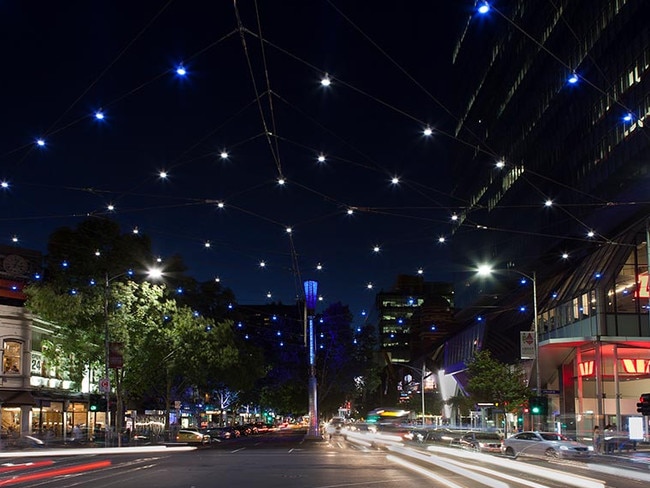 The catenary lighting at the intersection of Lonsdale St and Russell St. Picture: Ronstan Tensile Architecture