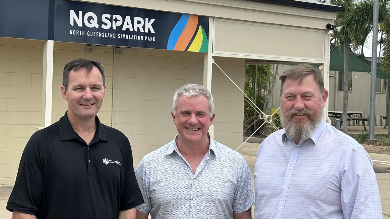 Mark Horn, senior director strategic development at North Queensland-based Cubic, Lieutenant General (ret.) John Caligari, chair of NQ Spark, and NQ Spark executive director and JCU Professor Mick Reilly. Picture: Supplied