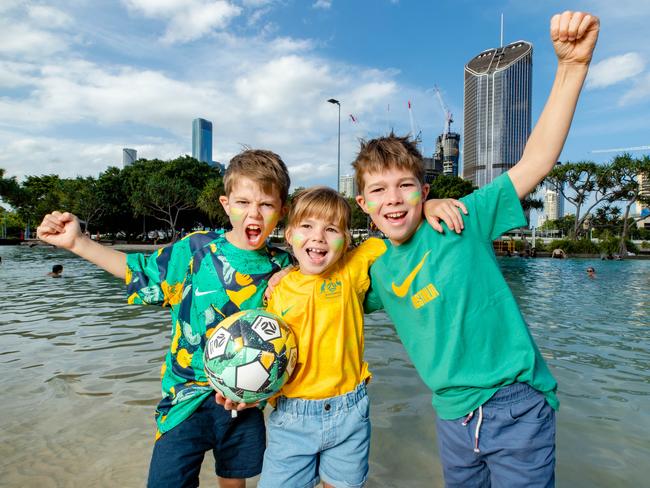 (l-r) Hugo Egan, Magnolia Egan and George Egan at Brisbane's Southbank for FIFA Women's World Cup 2023, Friday, December 9, 2022 - Picture: Richard Walker