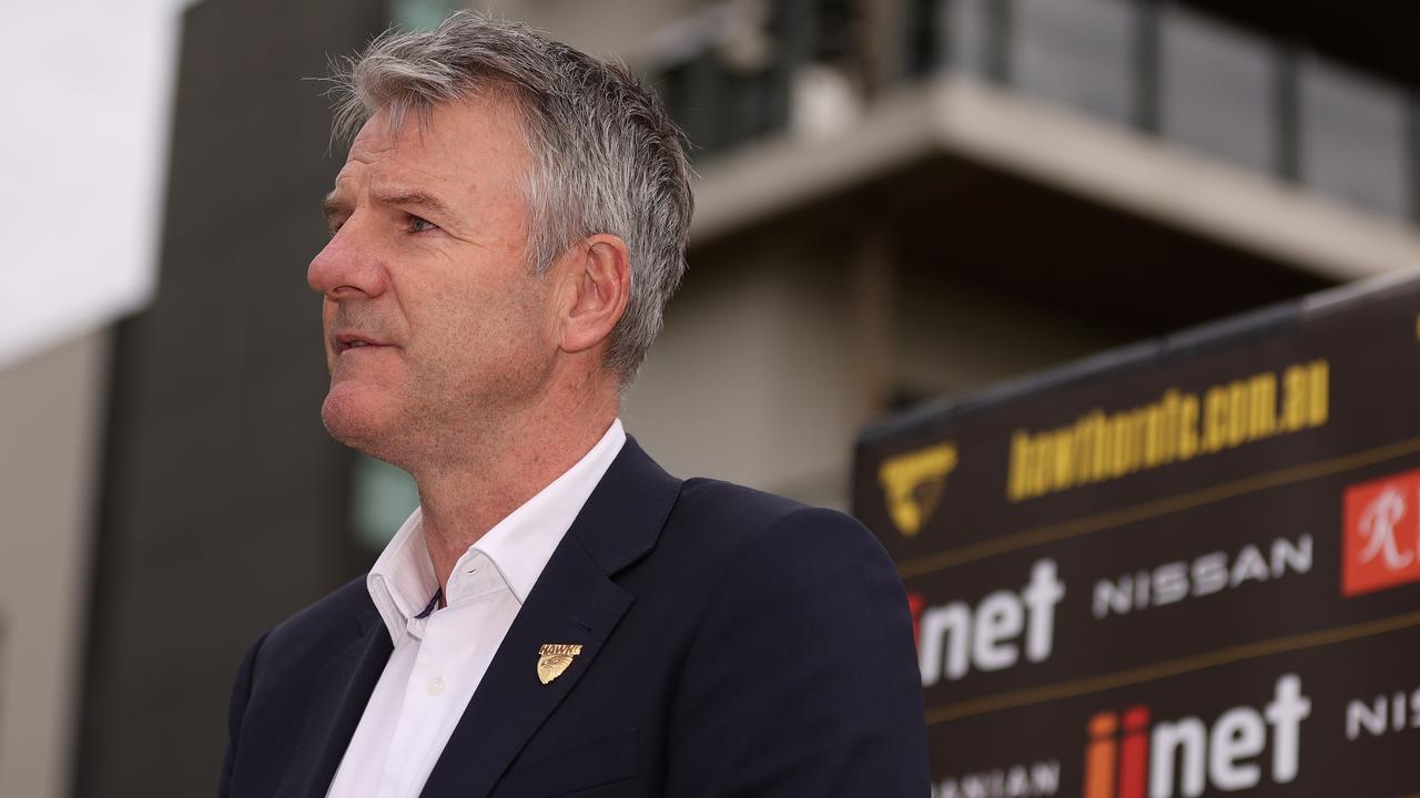 Hawks president Andy Gowers speaks to the media last week after the AFL’s closure of its investigation. (Photo by Robert Cianflone/Getty Images)