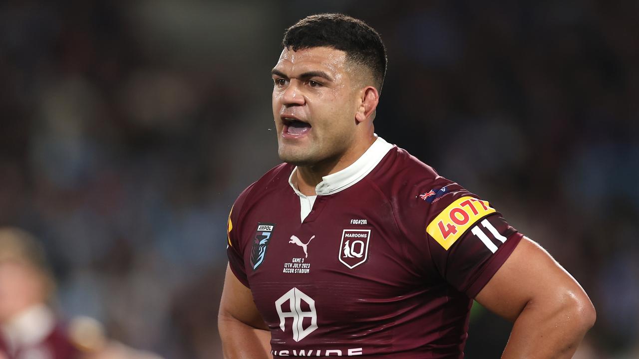 SYDNEY, AUSTRALIA – JULY 12: David Fifita of the Maroons reacts during game three of the State of Origin series between New South Wales Blues and Queensland Maroons at Accor Stadium on July 12, 2023 in Sydney, Australia. (Photo by Mark Kolbe/Getty Images)