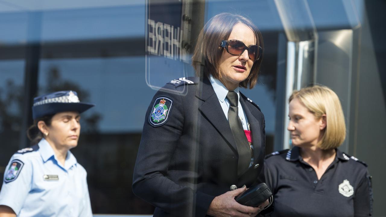 Senior Constable Catherine Nielsen (centre) arrives at the Brett Forte inquest at Toowoomba Courthouse on Monday.