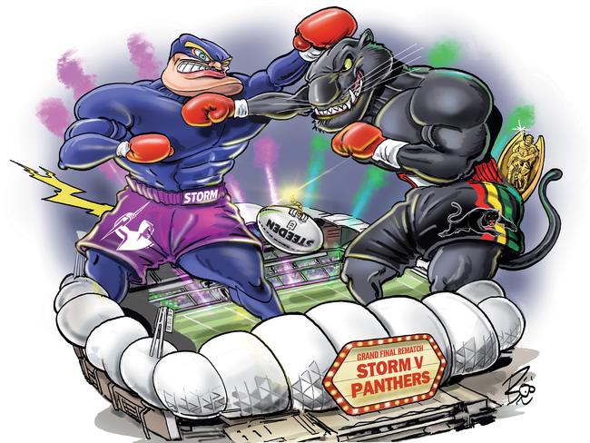 Grand final rematch between Melbourne Storm and Penrith Panthers. Artwork: Scott 'Boo' Bailey.